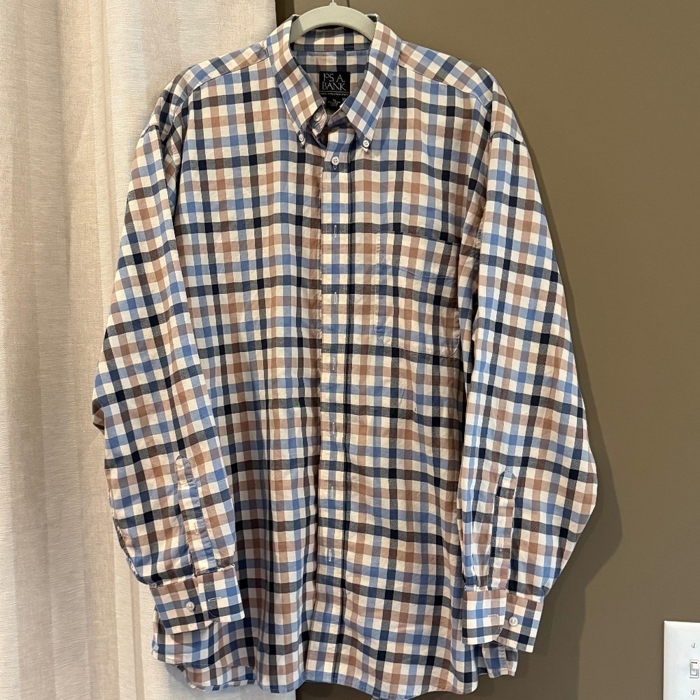 J. Crew Men's Executive Collection Blue & Tan Plaid Cotton, Old Money, Size XL
